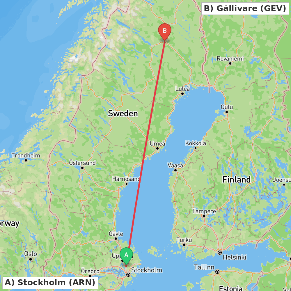 Flight route map from Stockholm to Gällivare