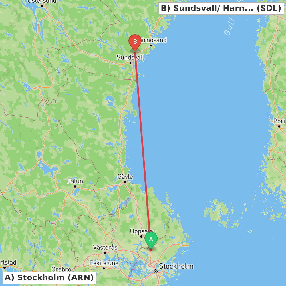 Flight route map from Stockholm to Sundsvall/ Härnösand