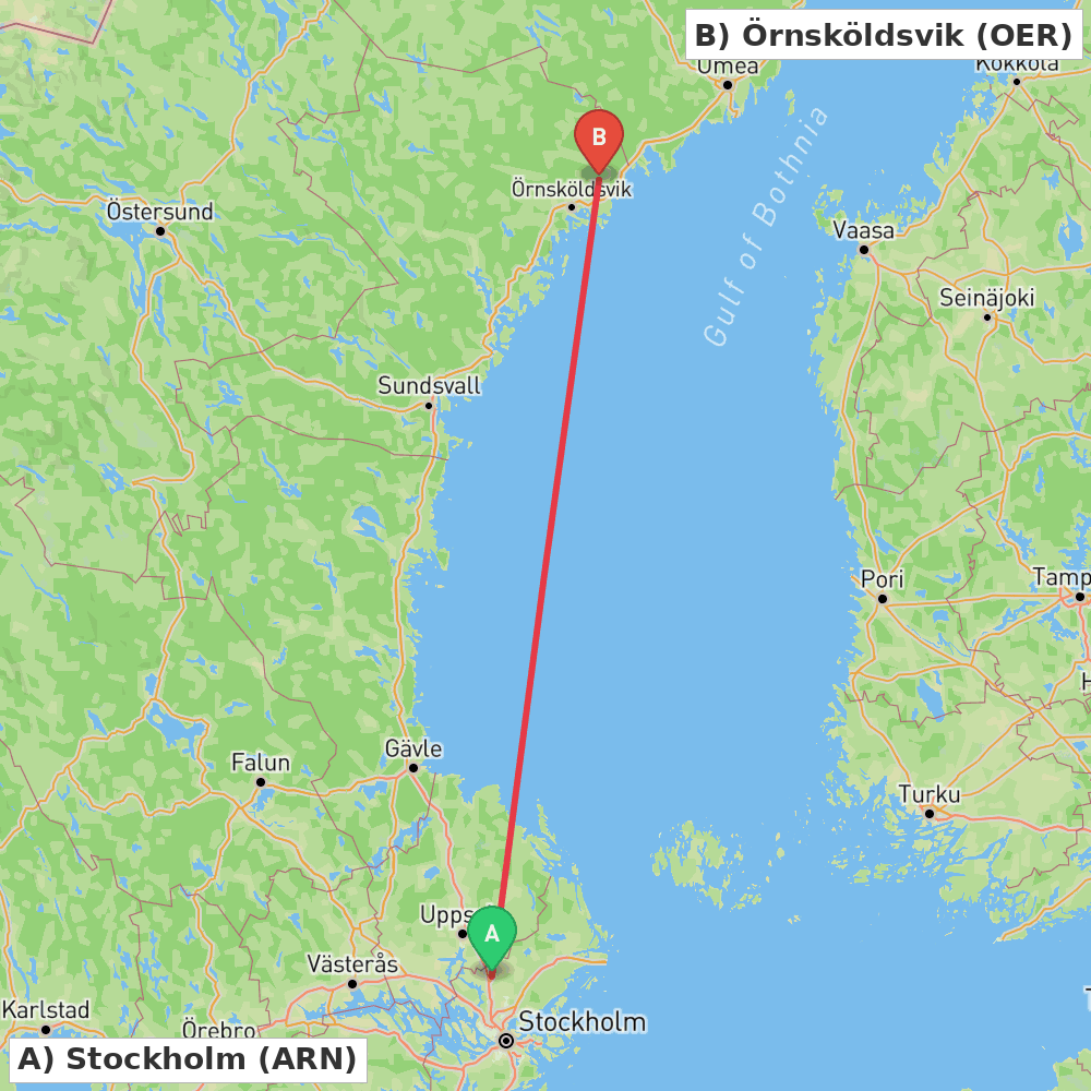 Flight route map from Stockholm to Örnsköldsvik