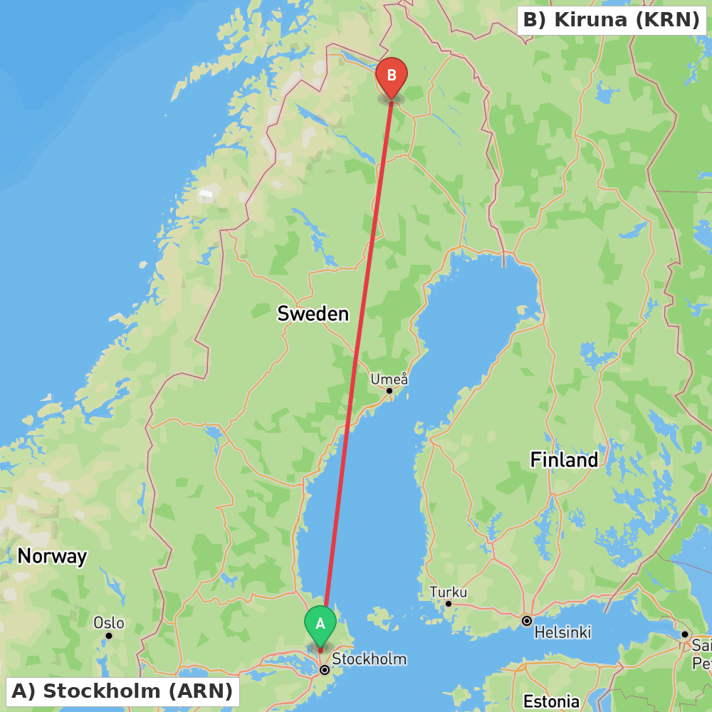 Flight route map from Stockholm to Kiruna