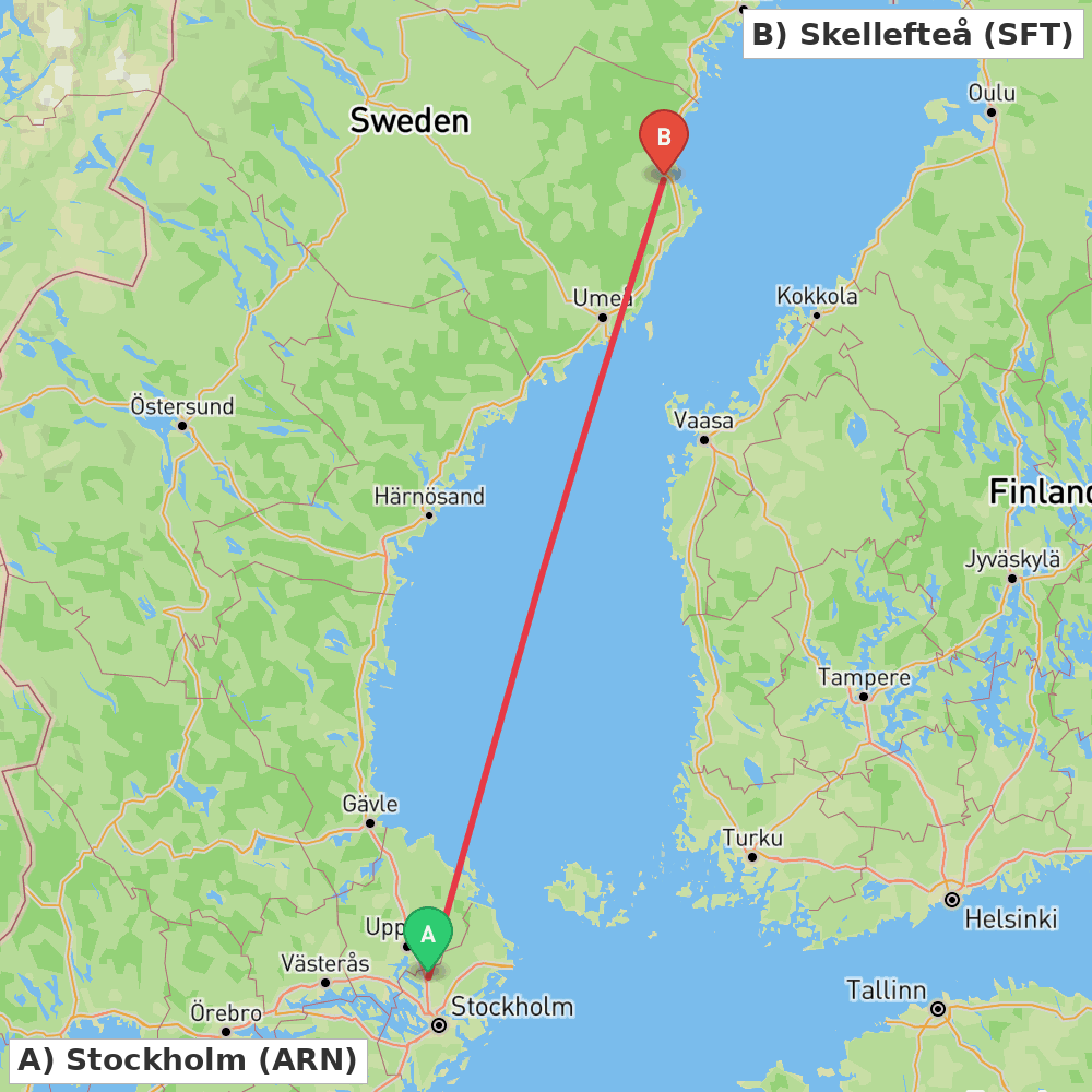 Flight route map from Stockholm to Skellefteå