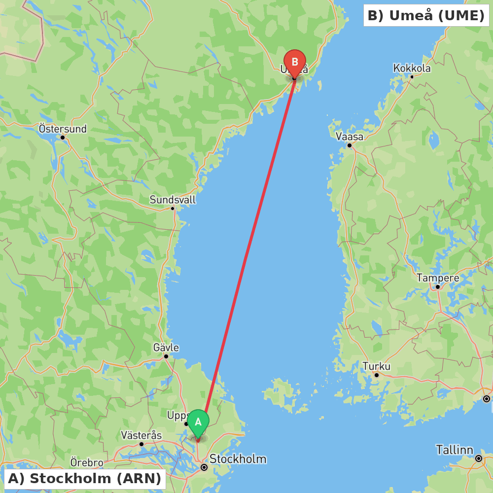 Flight route map from Stockholm to Umeå
