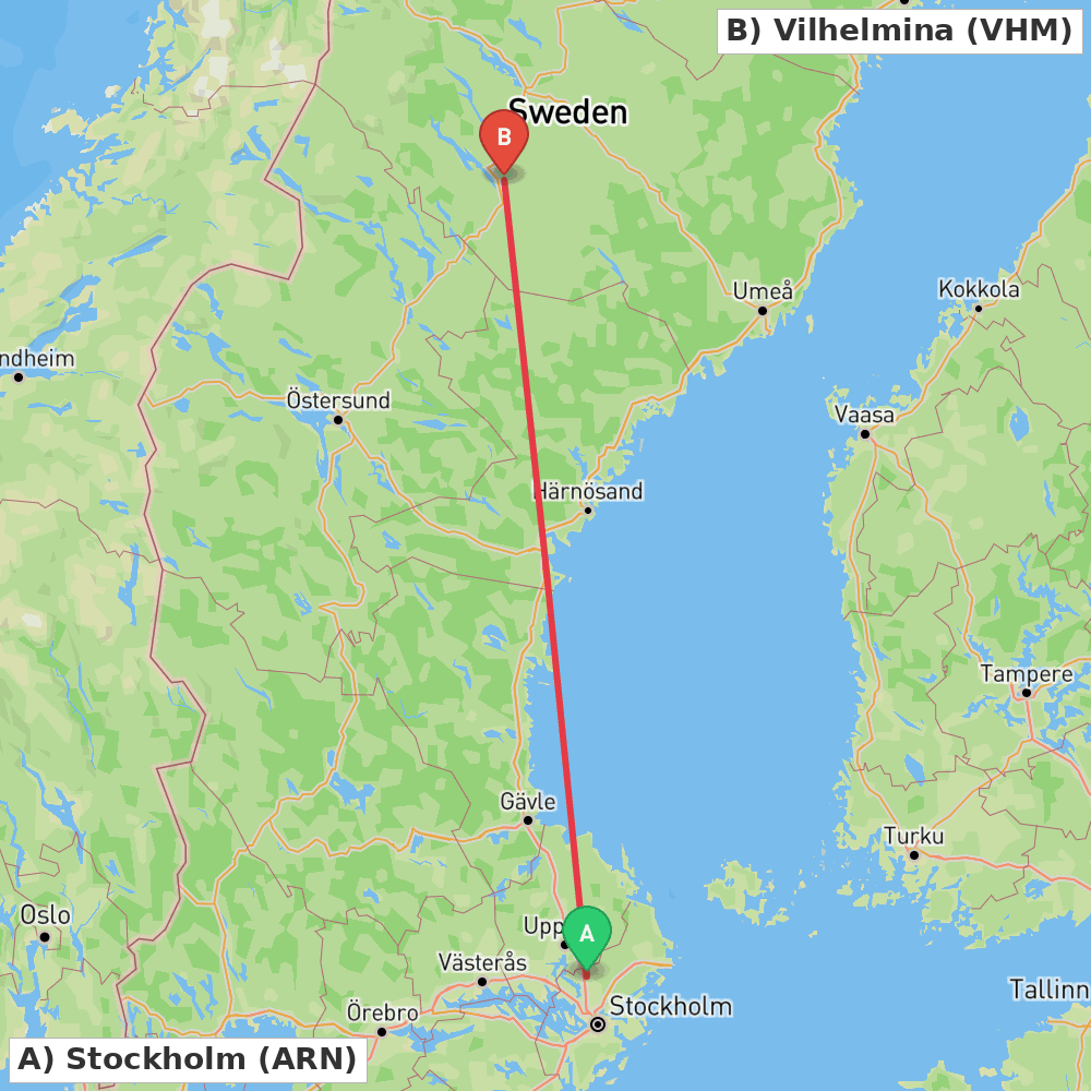 Flight route map from Stockholm to Vilhelmina