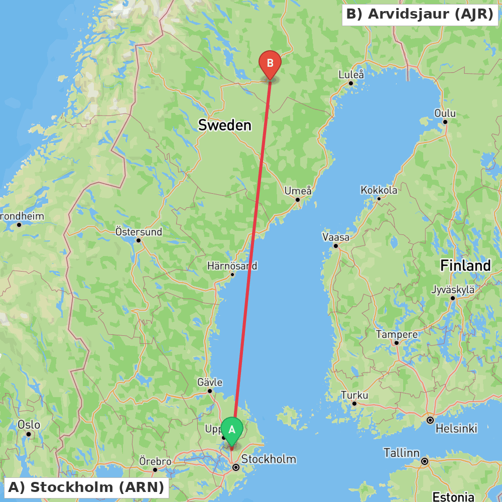 Flight route map from Stockholm to Arvidsjaur