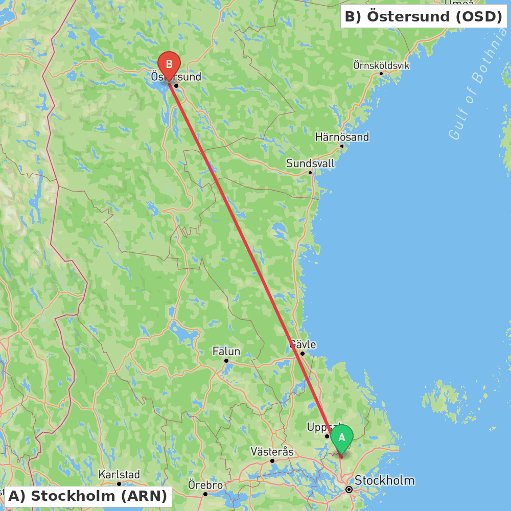 Flight route map from Stockholm to Östersund