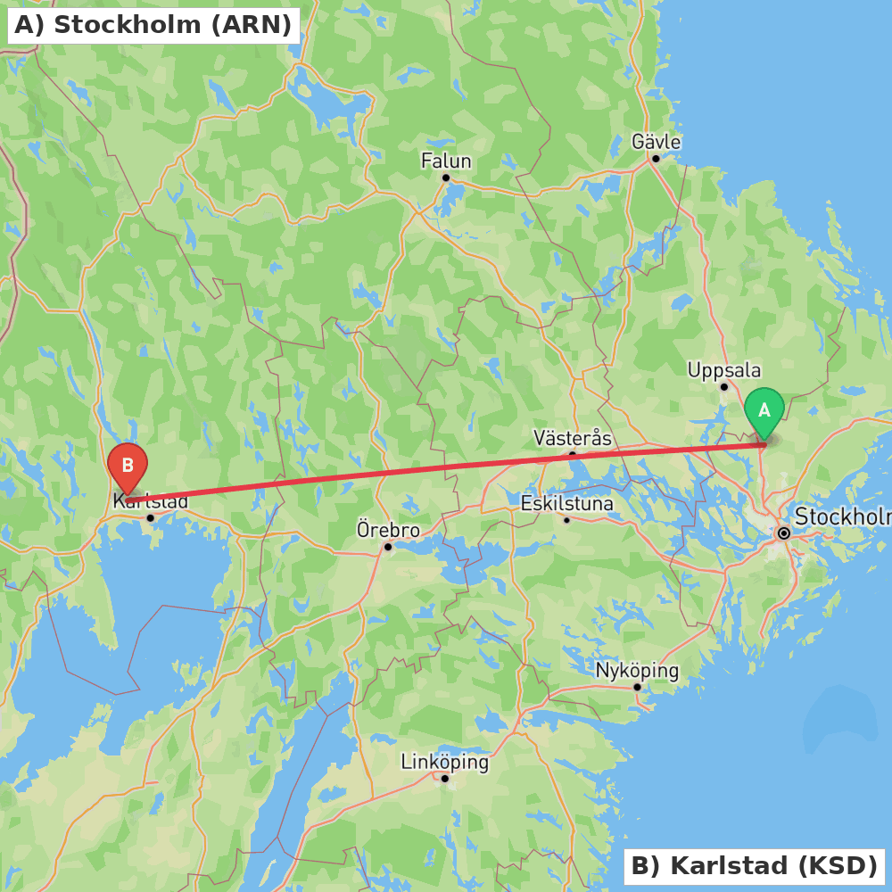 Flight route map from Stockholm to Karlstad