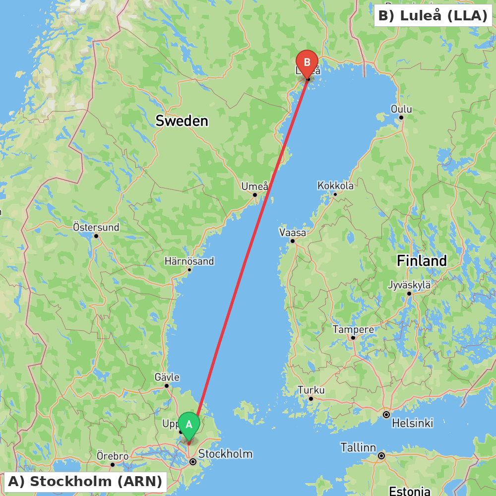Flight route map from Stockholm to Luleå