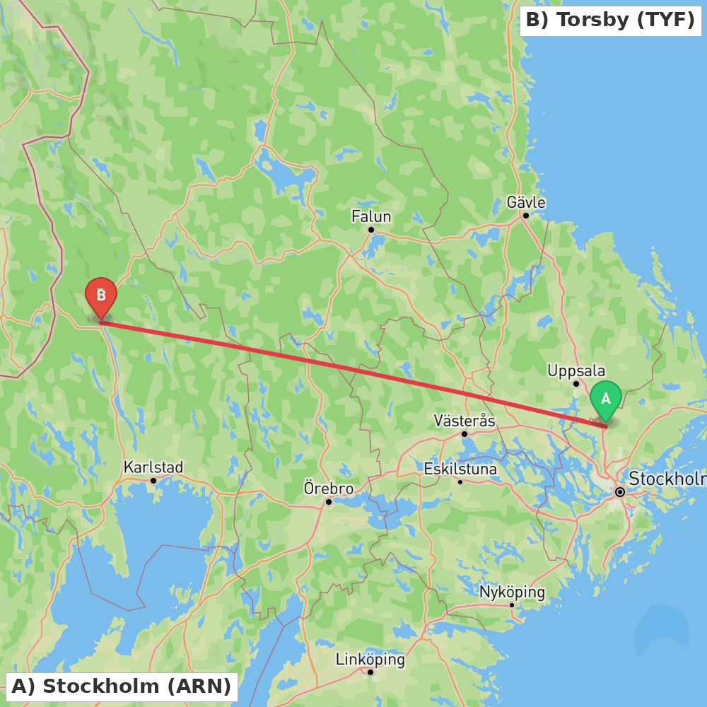 Flight route map from Stockholm to Torsby