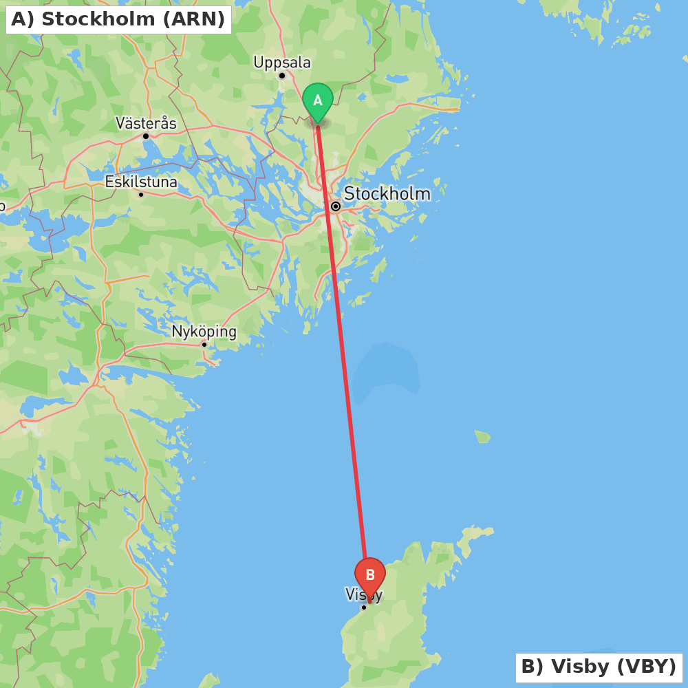 Flight route map from Stockholm to Visby