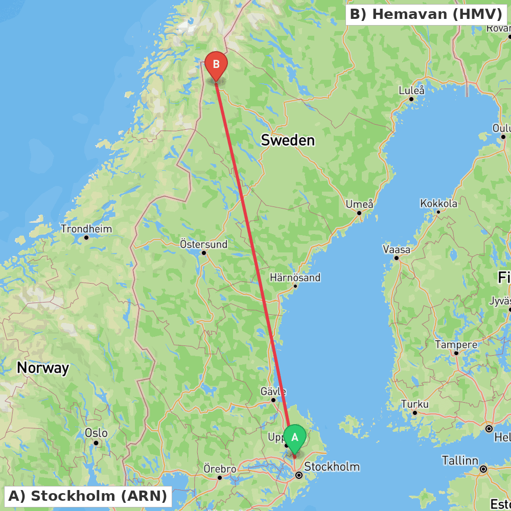 Flight route map from Stockholm to Hemavan
