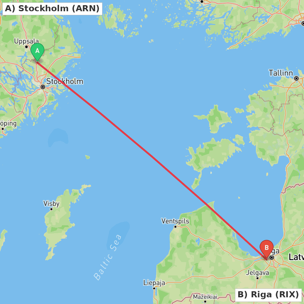 Flight route map from Stockholm to Riga