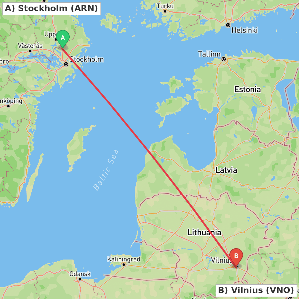 Flight route map from Stockholm to Vilnius