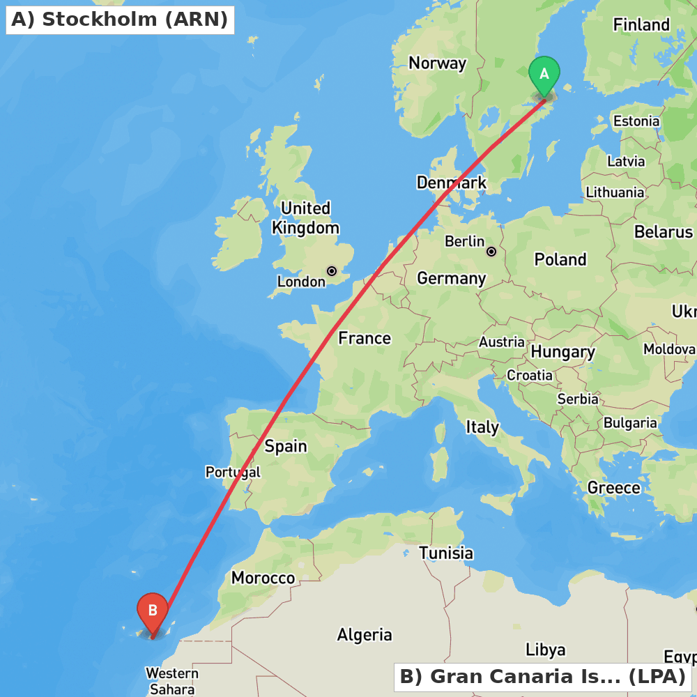 Flight route map from Stockholm to Gran Canaria Island
