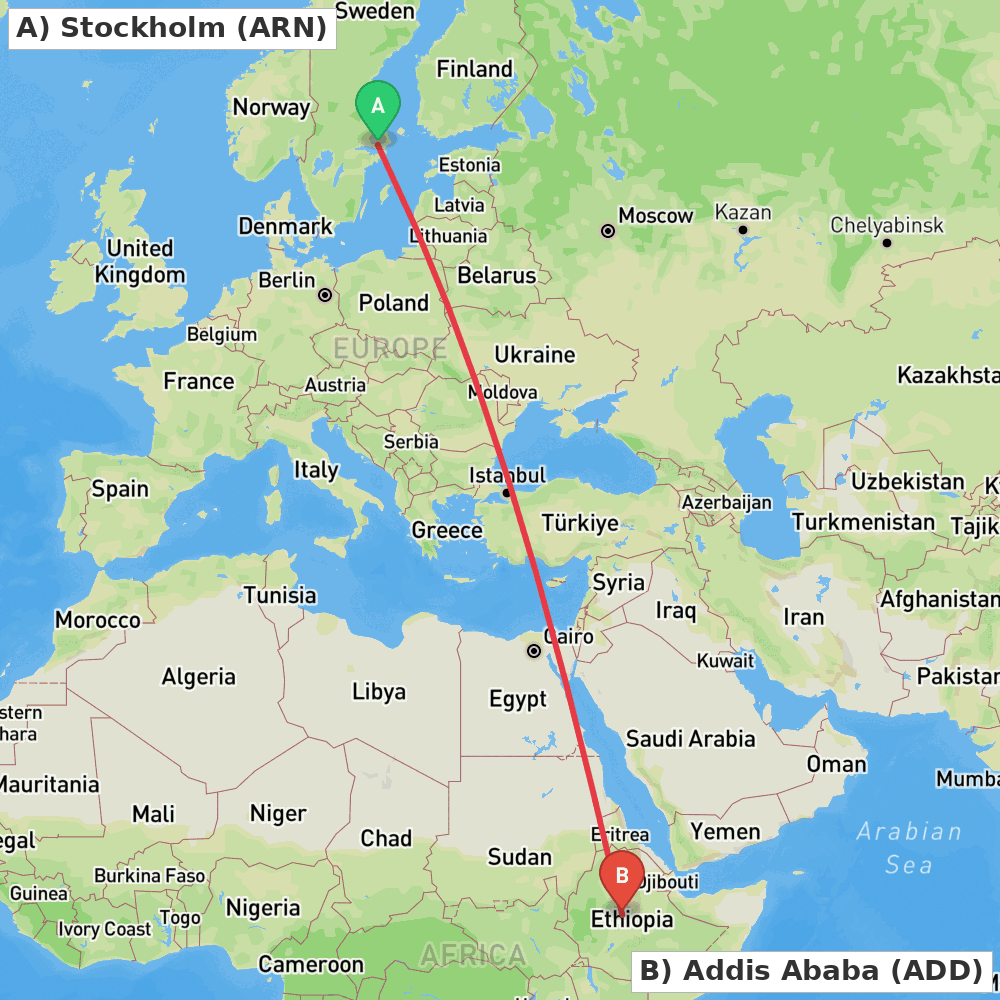 Flight route map from Stockholm to Addis Ababa