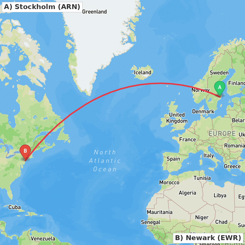 Flight route map from Stockholm to Newark