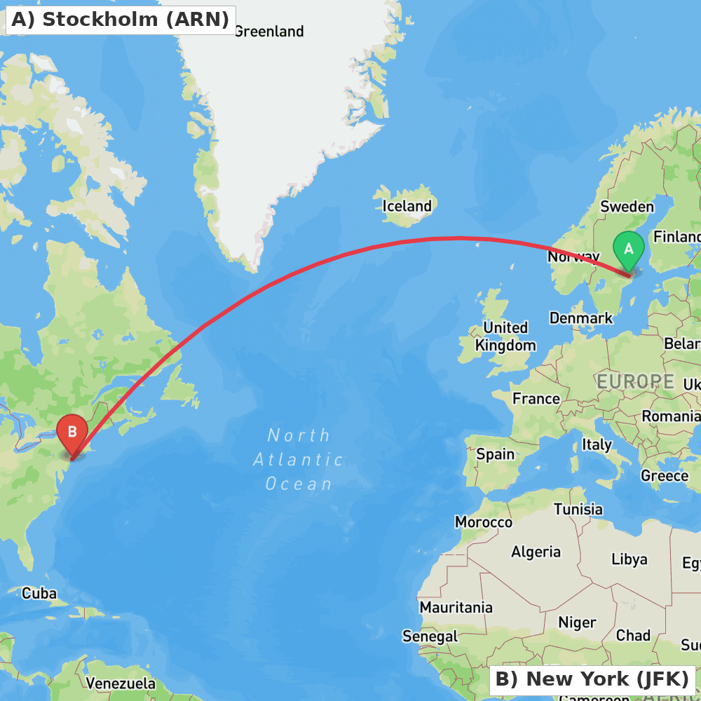 Flight route map from Stockholm to New York