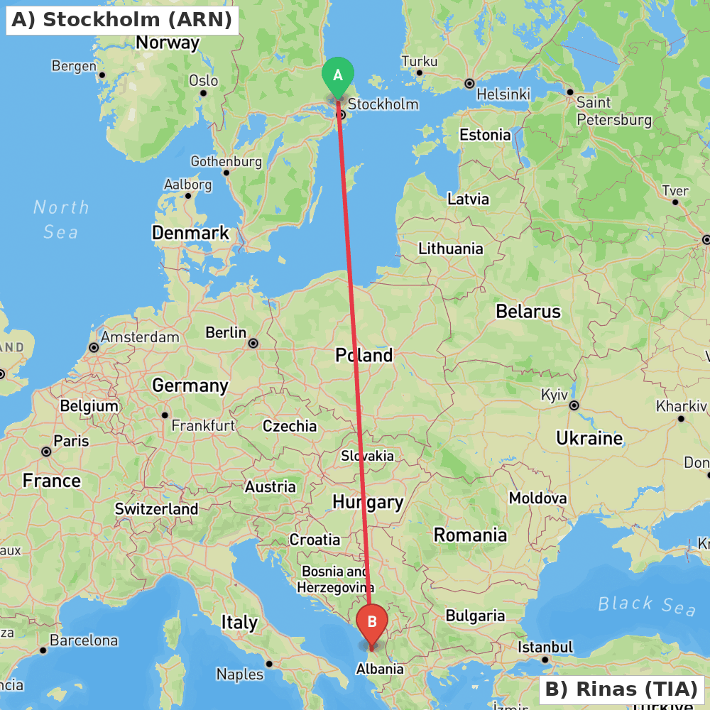 Flight route map from Stockholm to Rinas