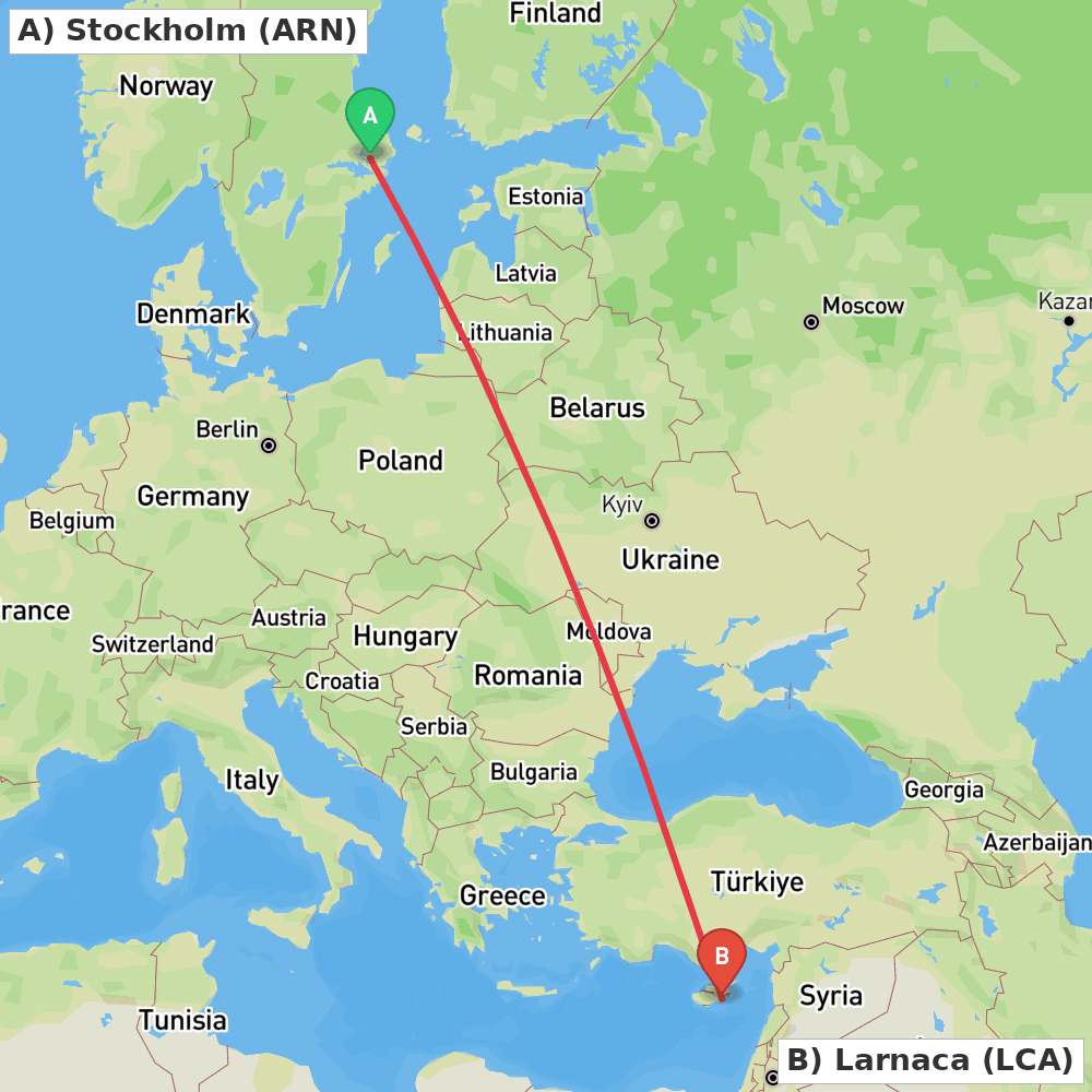 Flight route map from Stockholm to Larnaca