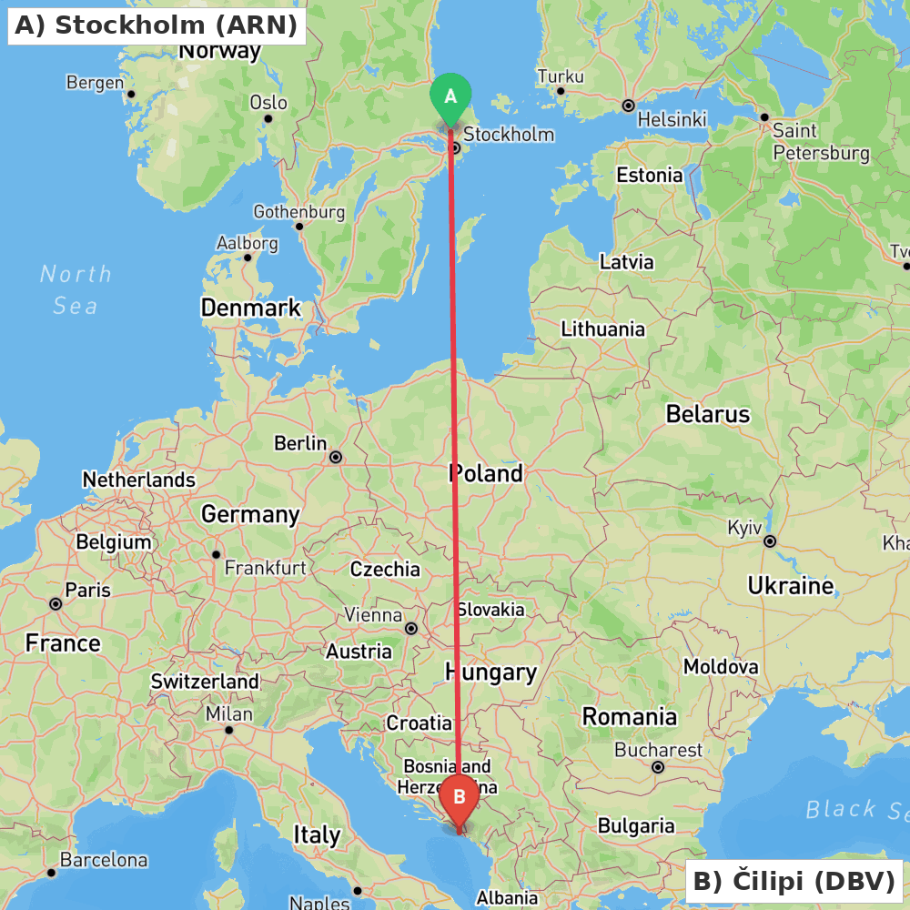 Flight route map from Stockholm to Čilipi