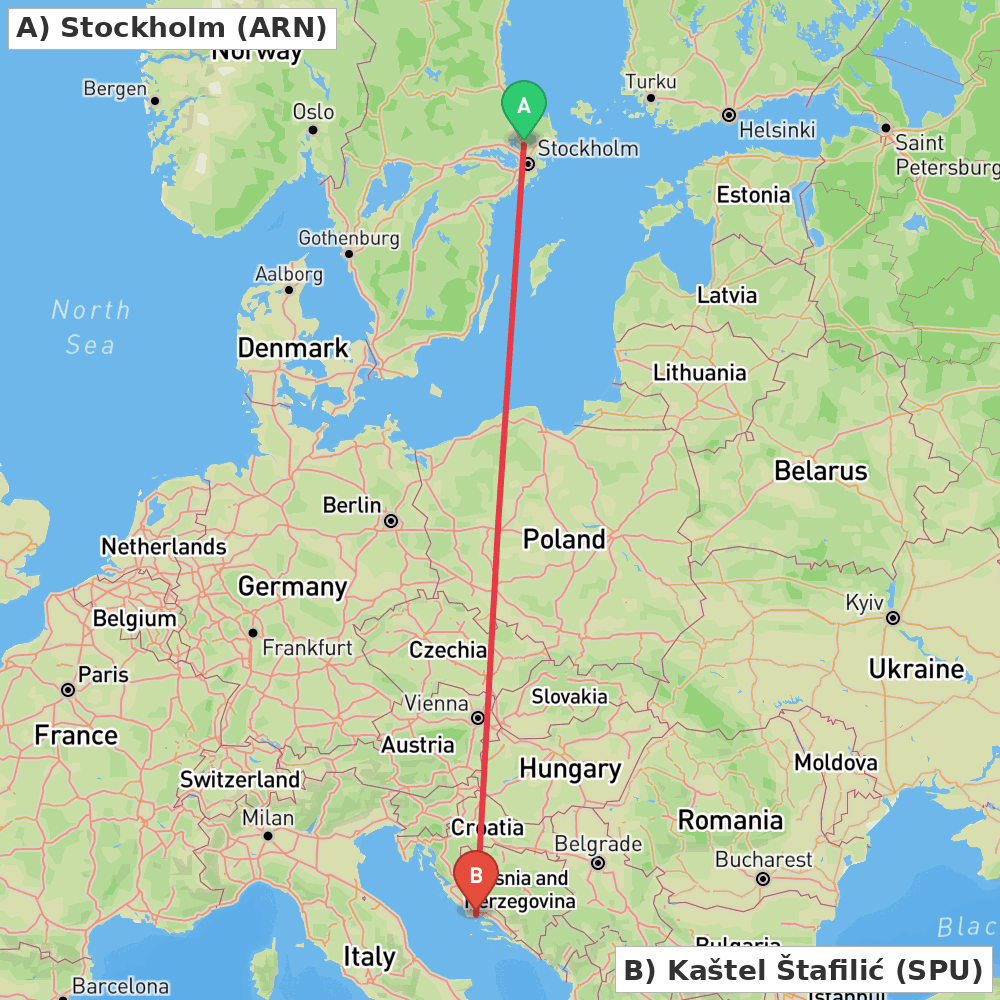 Flight route map from Stockholm to Kaštel Štafilić