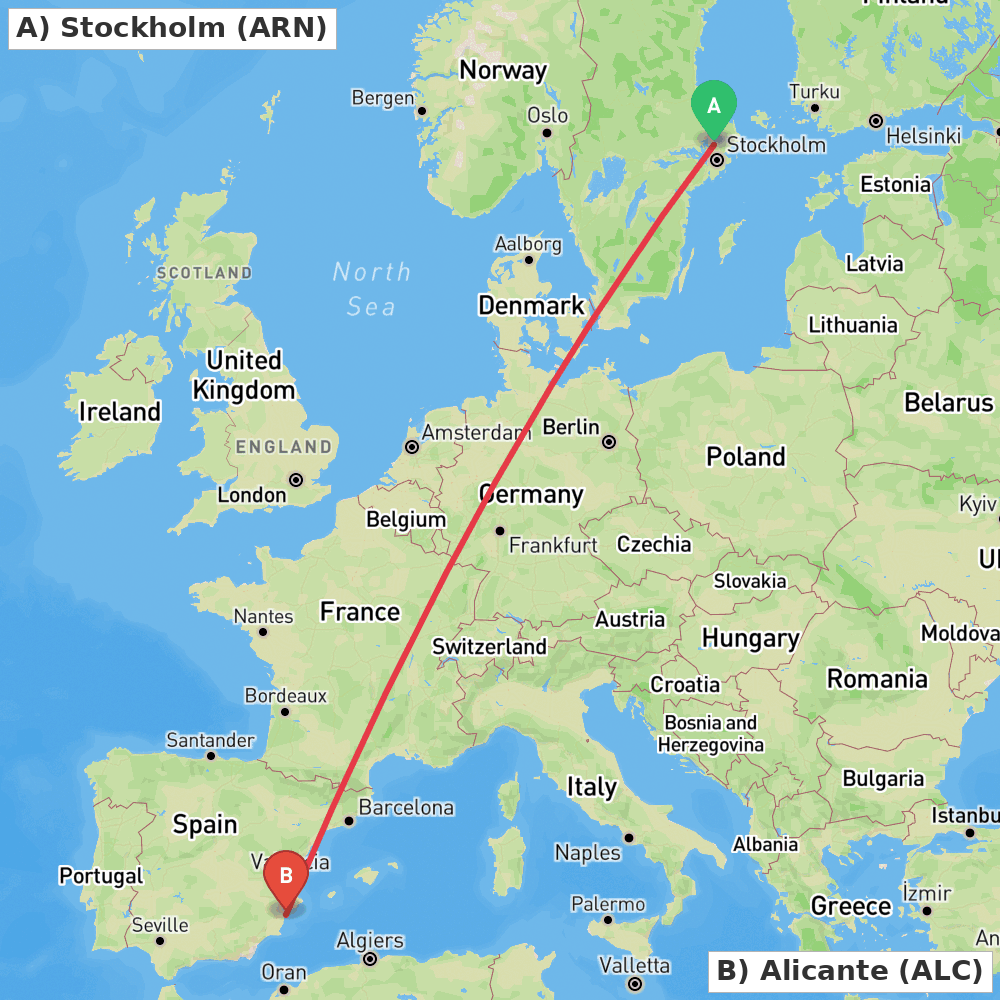 Flight route map from Stockholm to Alicante