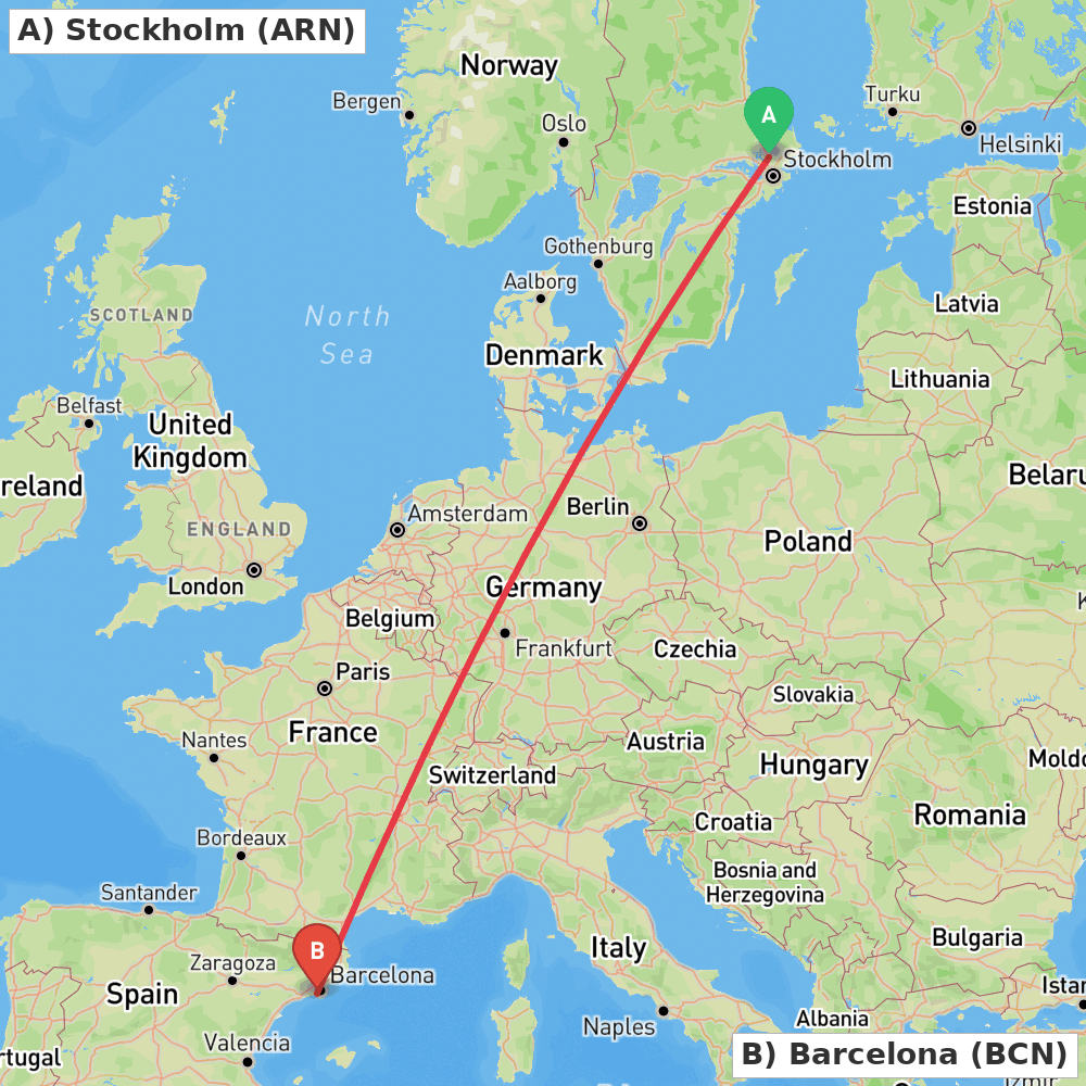 Flight route map from Stockholm to Barcelona