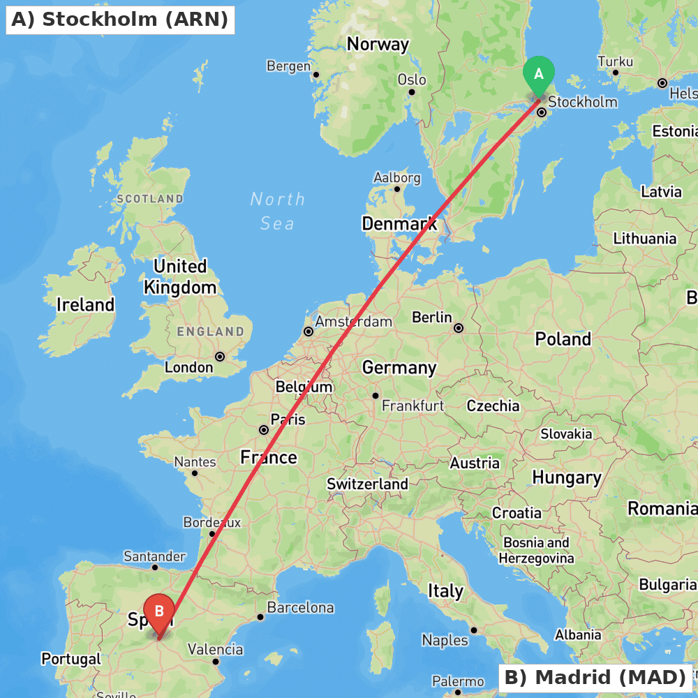 Flight route map from Stockholm to Madrid