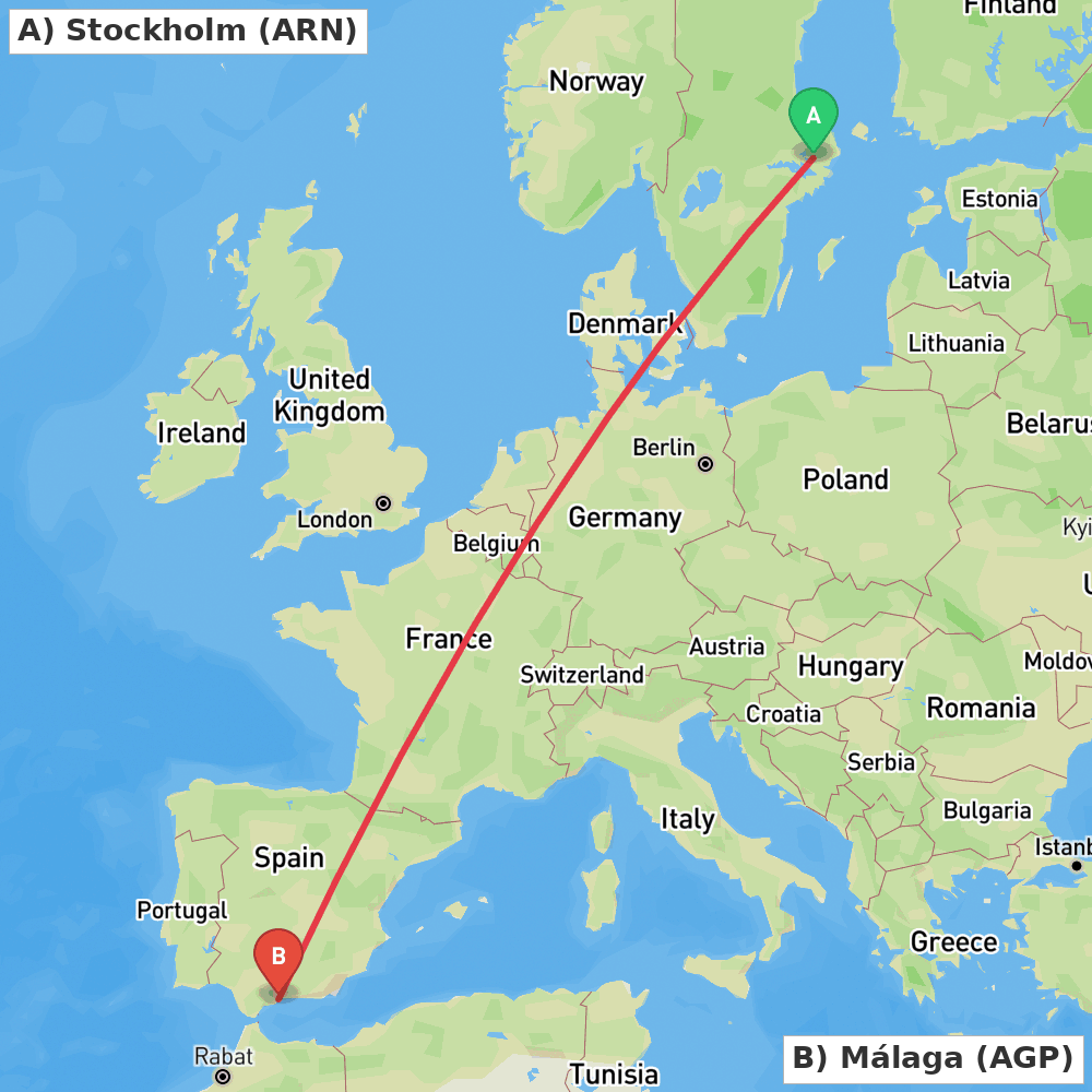 Flight route map from Stockholm to Málaga