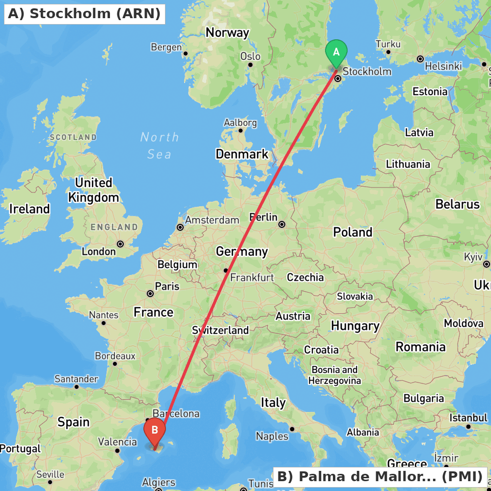 Flight route map from Stockholm to Palma de Mallorca