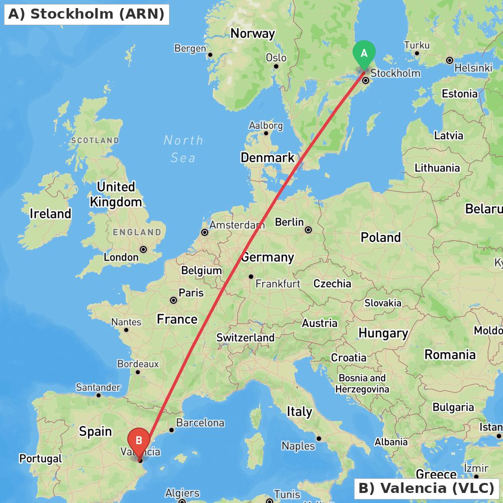 Flight route map from Stockholm to Valencia