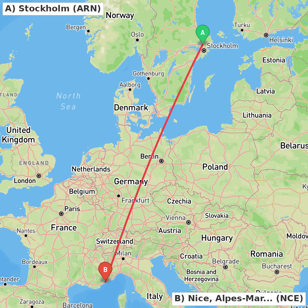 Flight route map from Stockholm to Nice, Alpes-Maritimes