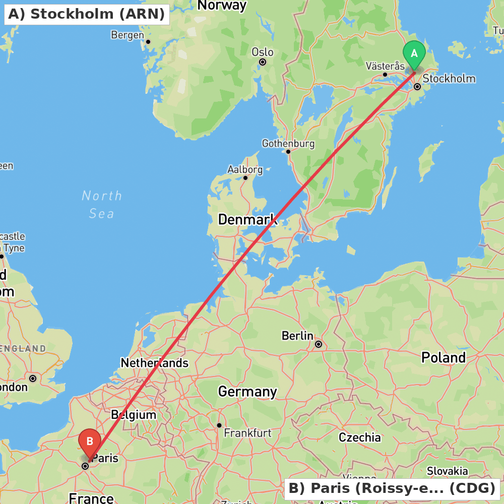 Flight route map from Stockholm to Paris (Roissy-en-France, Val-d'Oise)