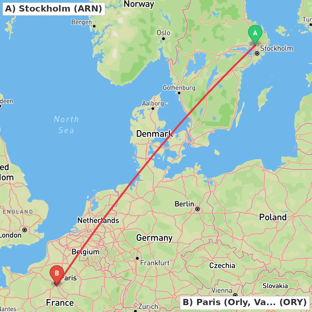 Flight route map from Stockholm to Paris (Orly, Val-de-Marne)