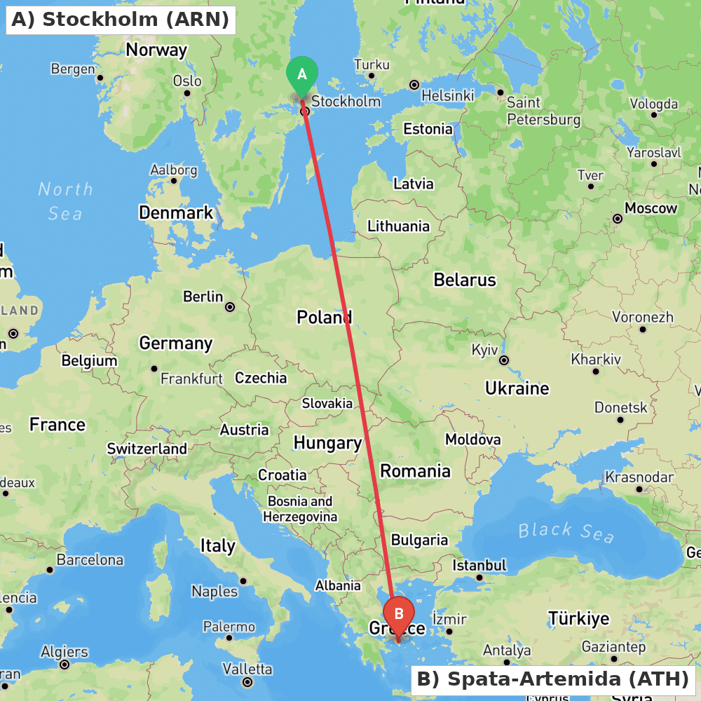 Flight route map from Stockholm to Spata-Artemida