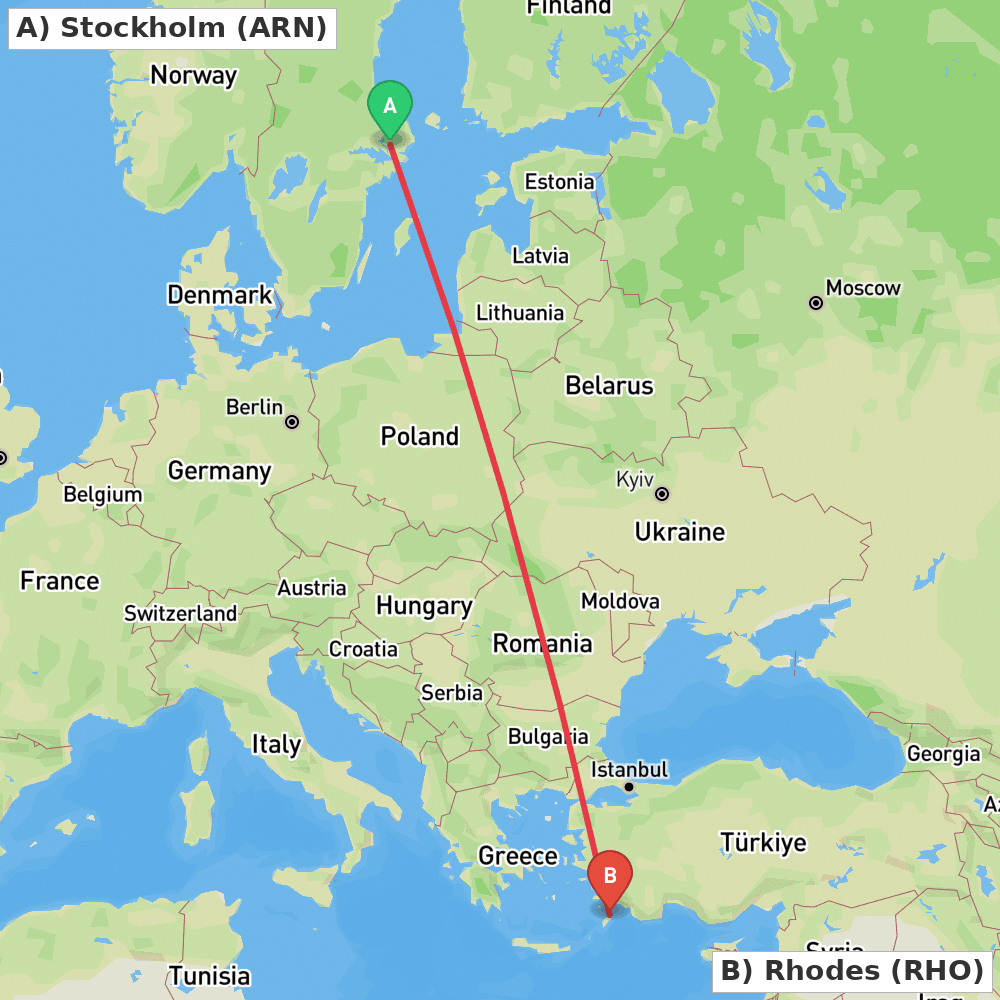 Flight route map from Stockholm to Rhodes