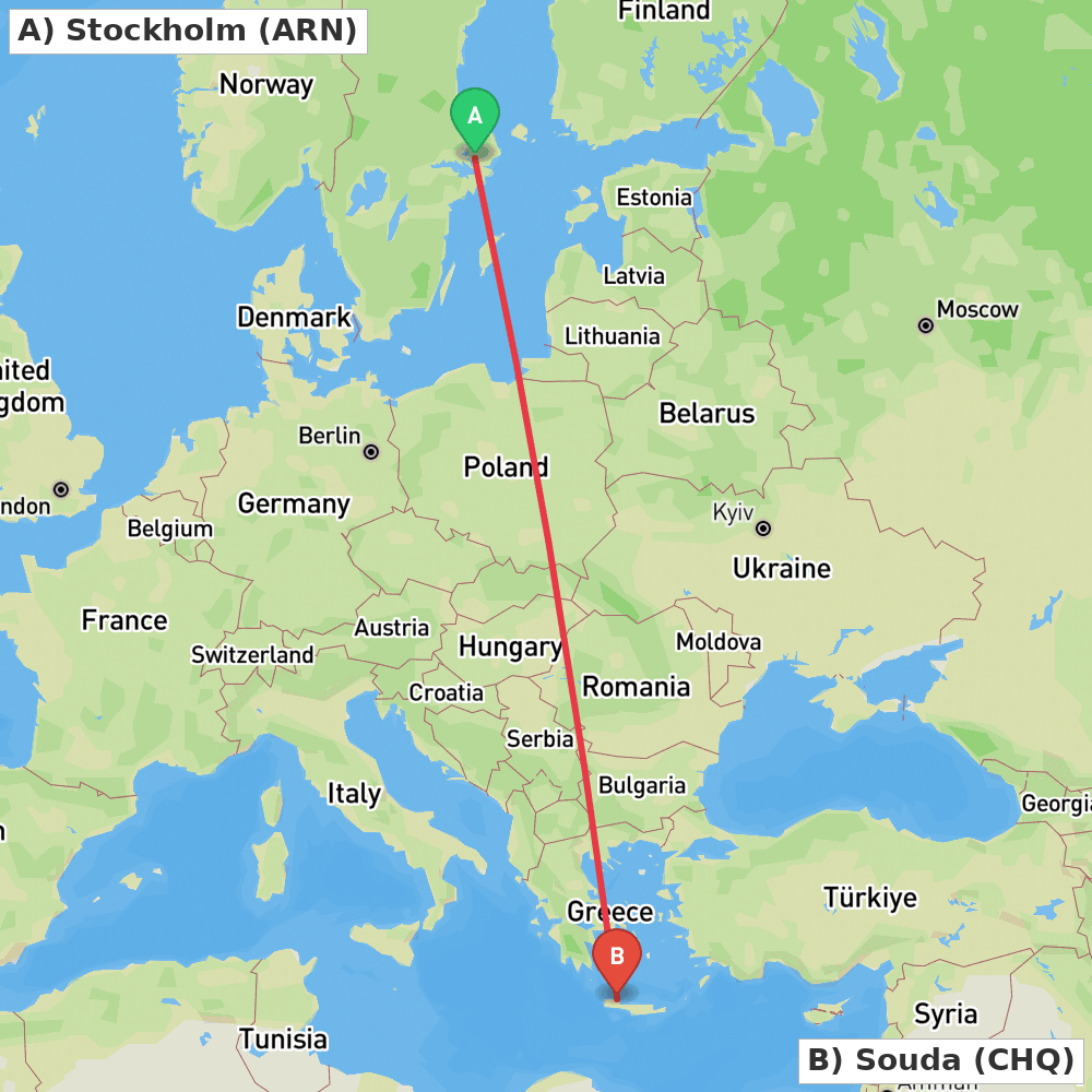 Flight route map from Stockholm to Souda