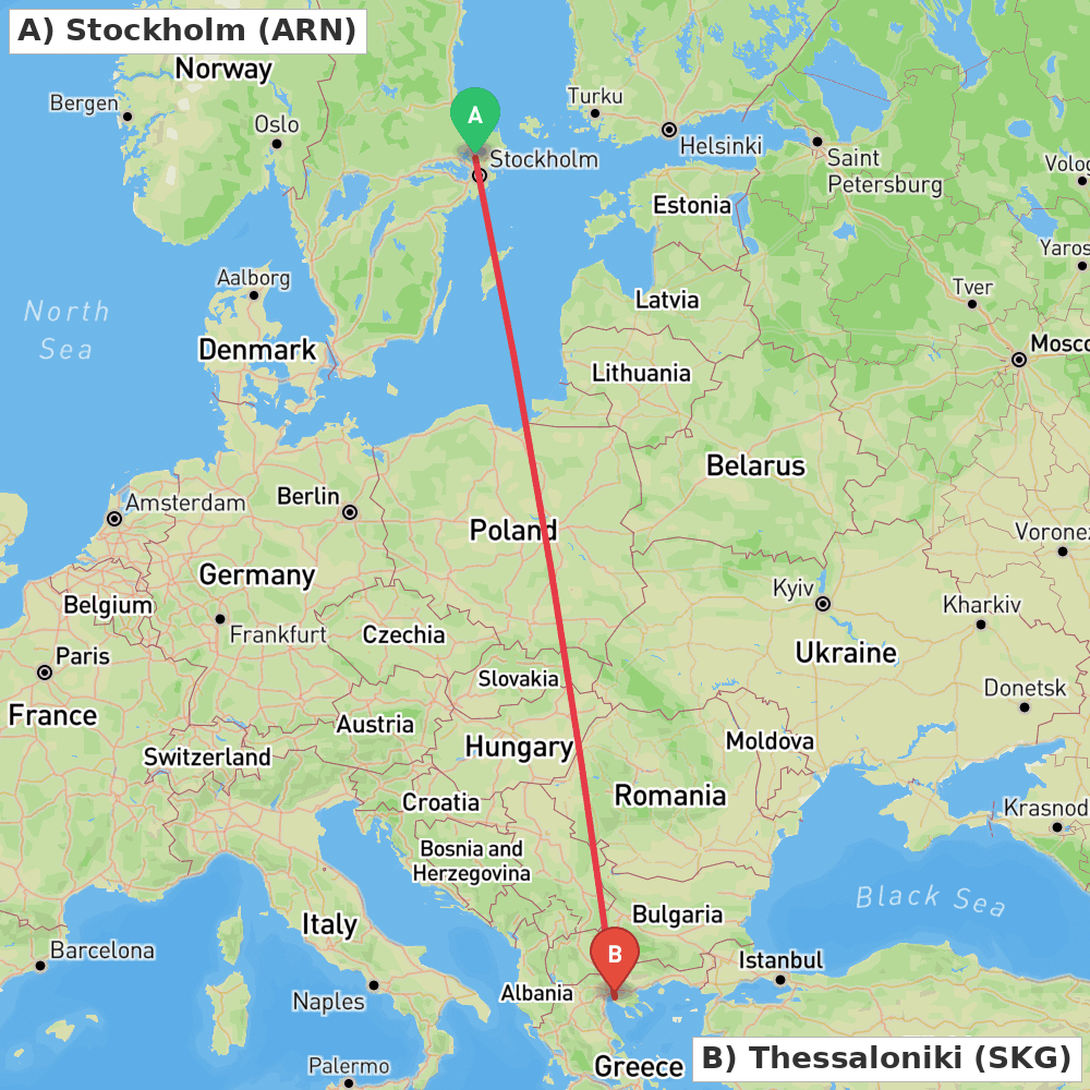 Flight route map from Stockholm to Thessaloniki
