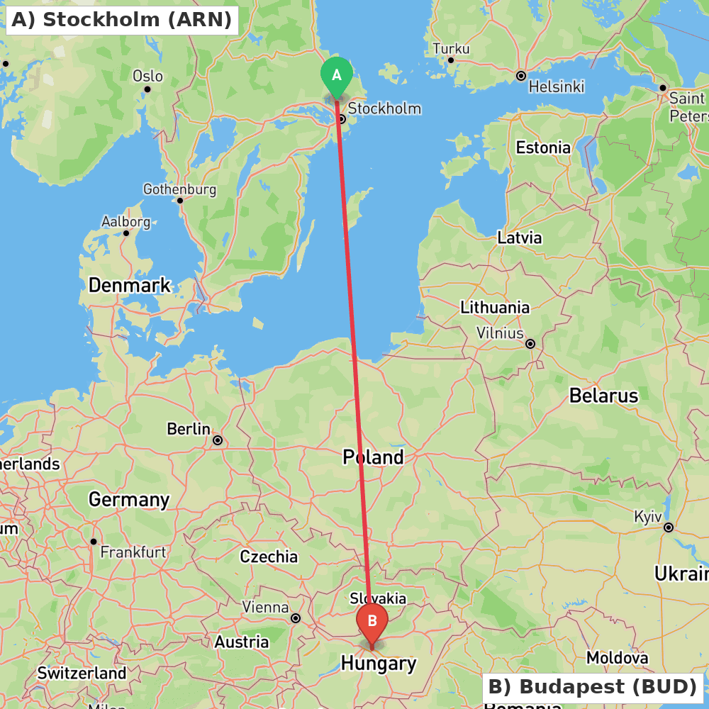 Flight route map from Stockholm to Budapest