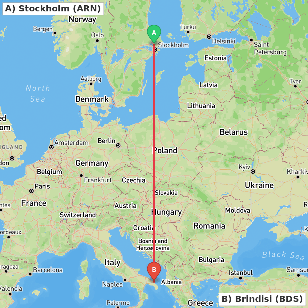Flight route map from Stockholm to Brindisi