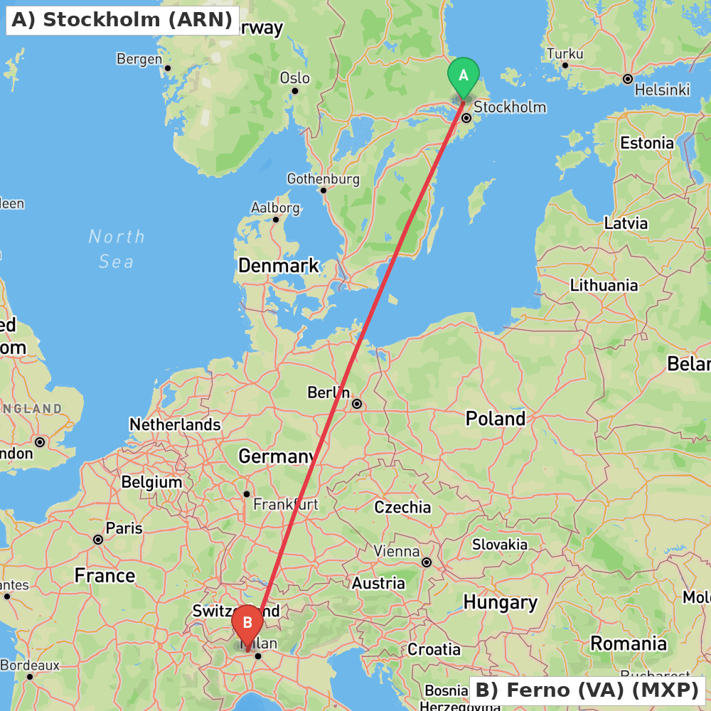 Flight route map from Stockholm to Ferno (VA)