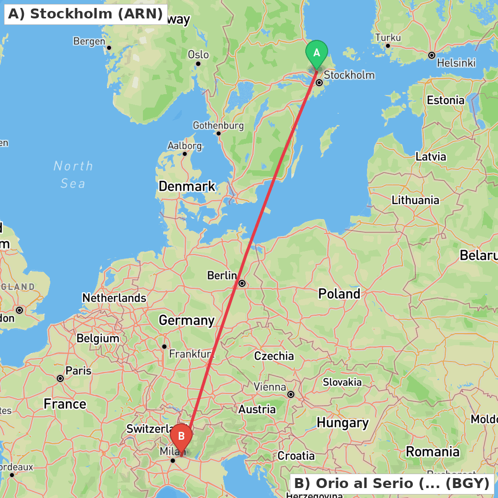 Flight route map from Stockholm to Orio al Serio (BG)