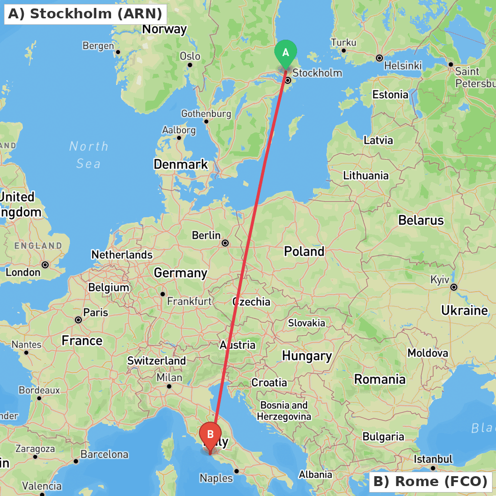 Flight route map from Stockholm to Rome