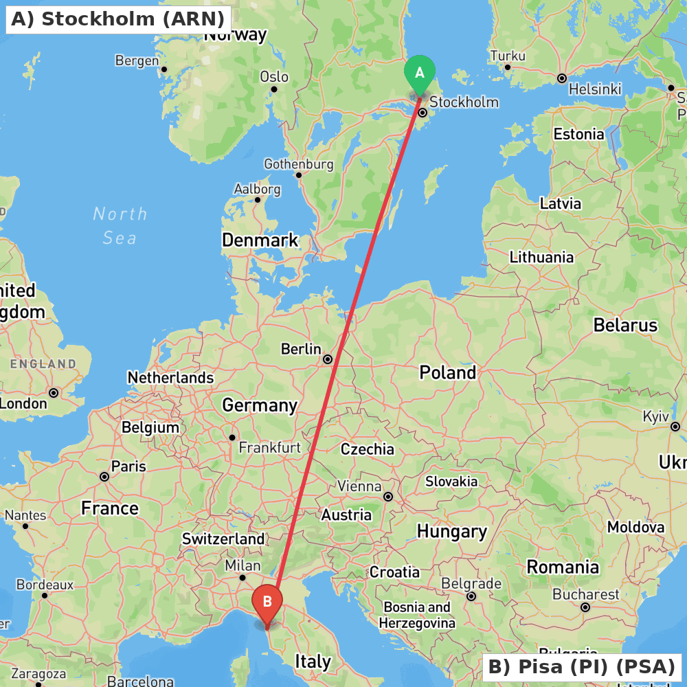 Flight route map from Stockholm to Pisa (PI)