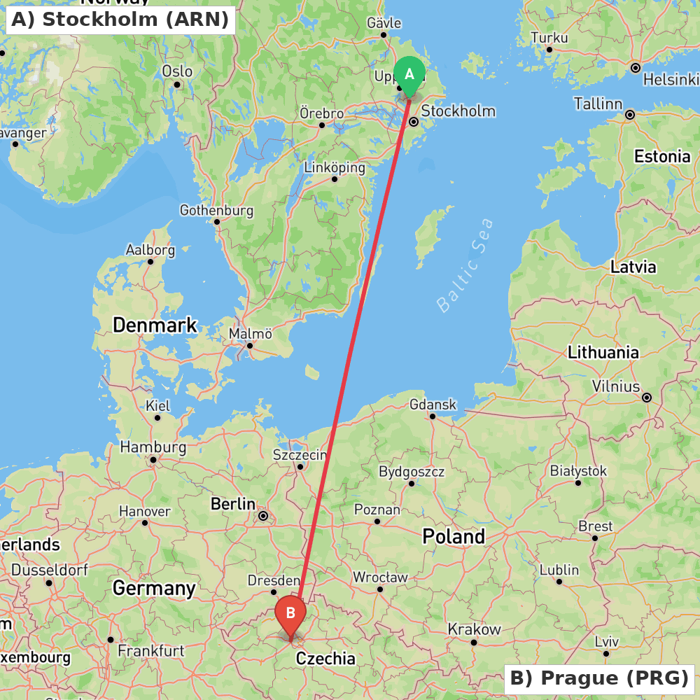 Flight route map from Stockholm to Prague
