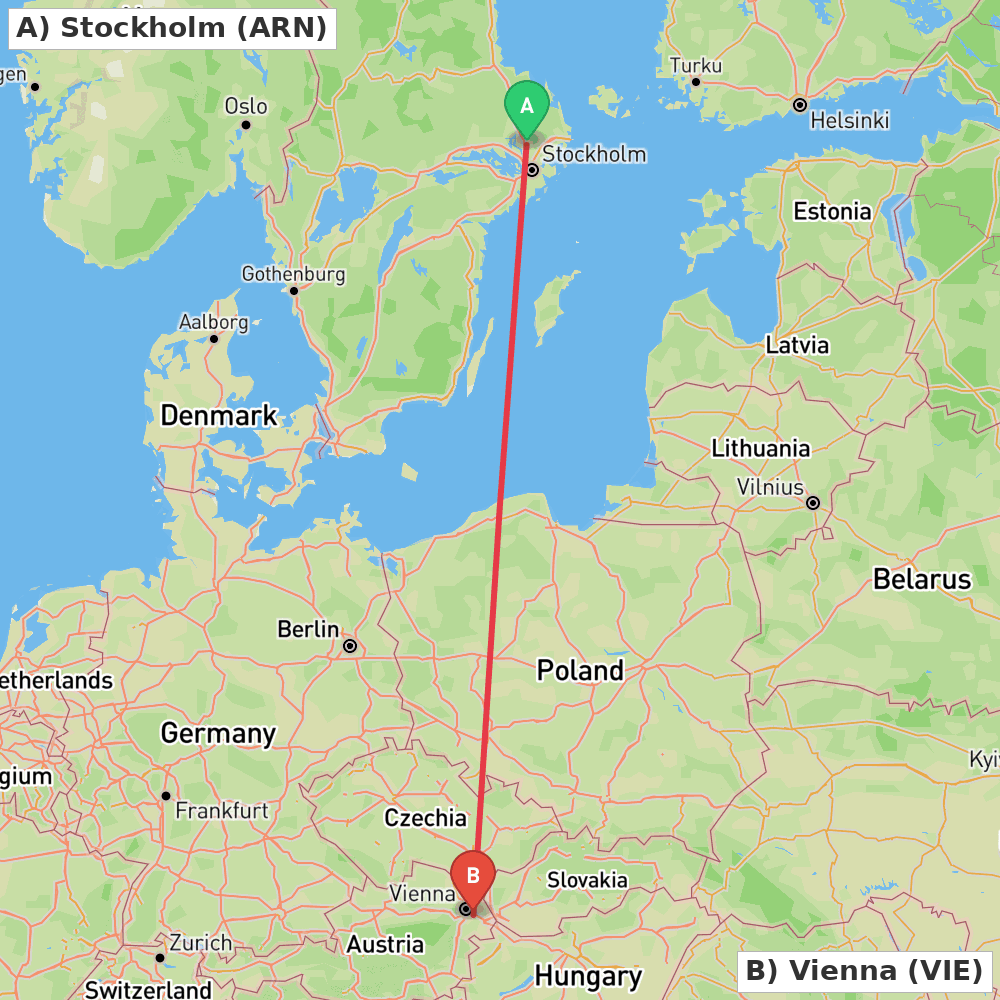 Flight route map from Stockholm to Vienna