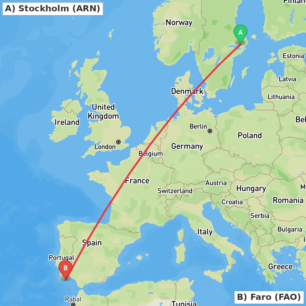 Flight route map from Stockholm to Faro