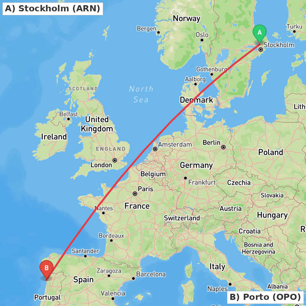 Flight route map from Stockholm to Porto