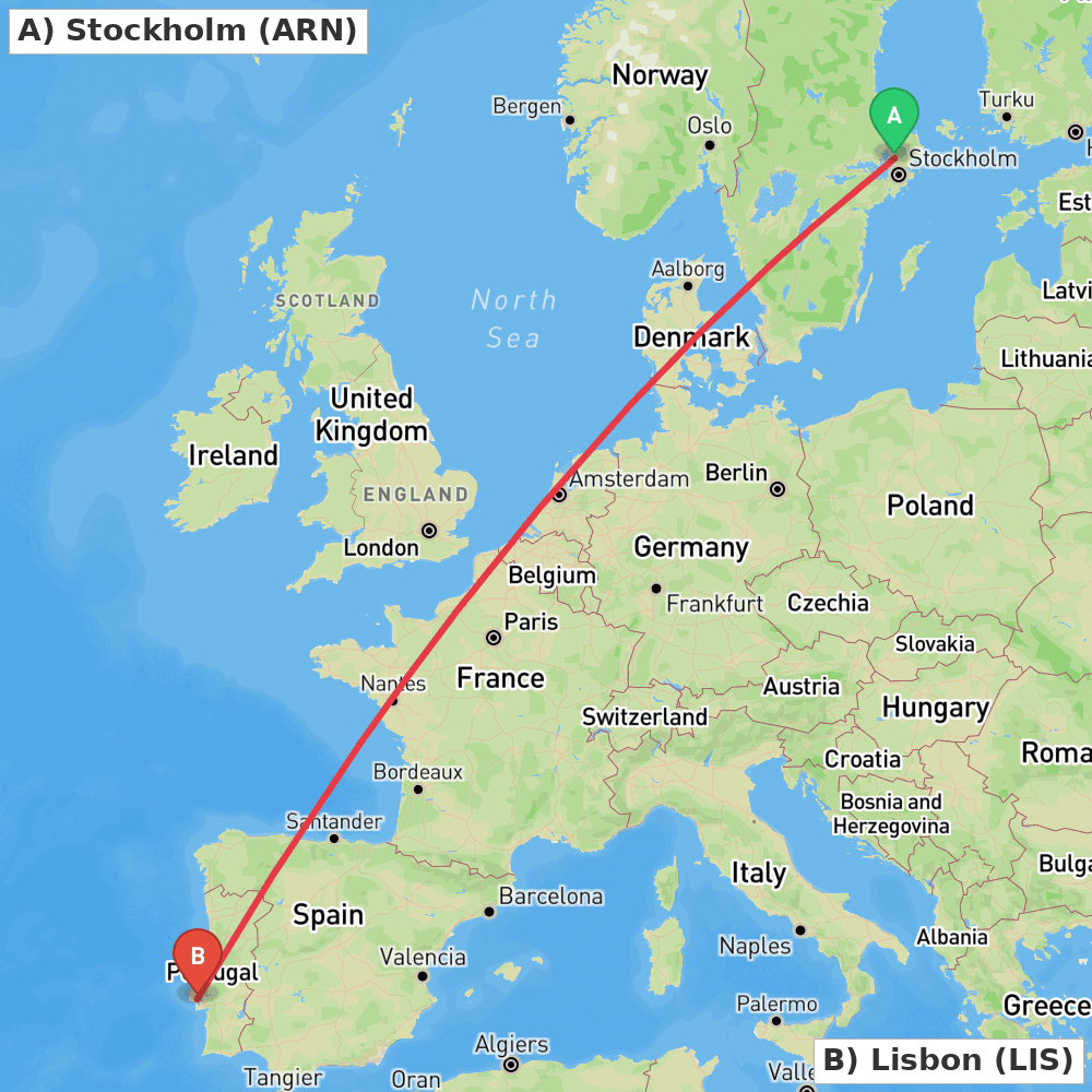 Flight route map from Stockholm to Lisbon