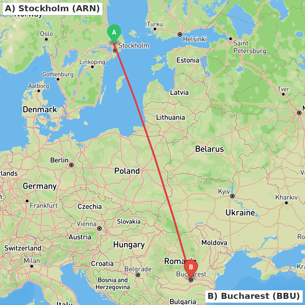 Flight route map from Stockholm to Bucharest