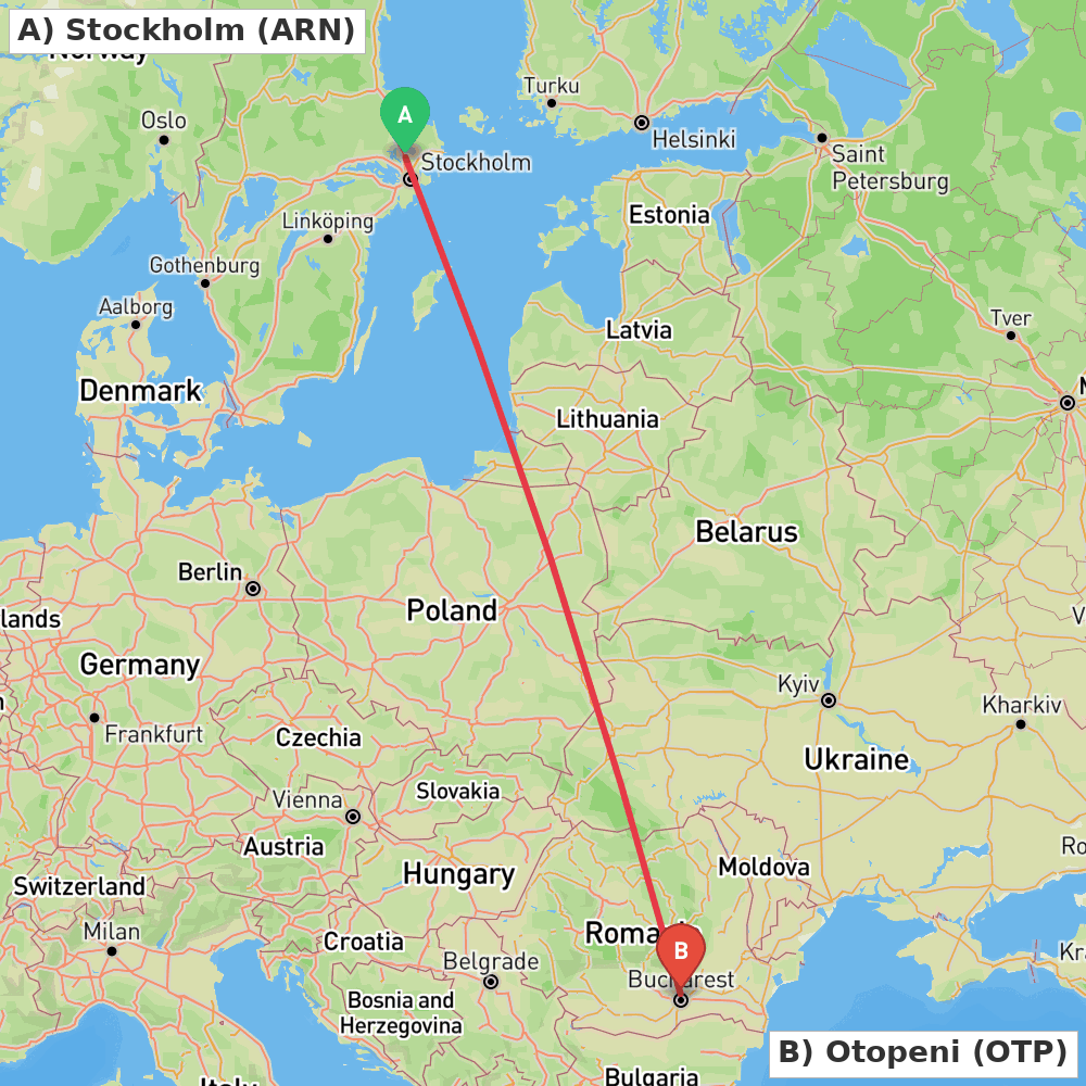 Flight route map from Stockholm to Otopeni